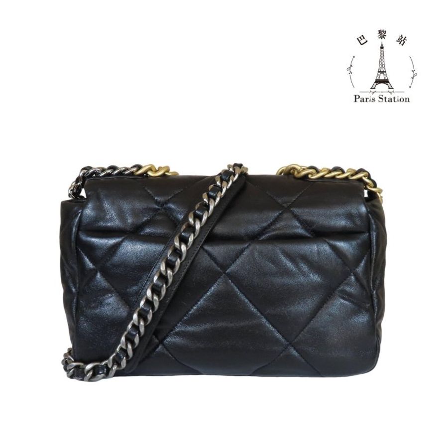 【巴黎站二手名牌專賣店】*現貨*CHANEL 香奈兒 真品*黑色菱格紋羊皮19系列金釦26手提斜背包-1