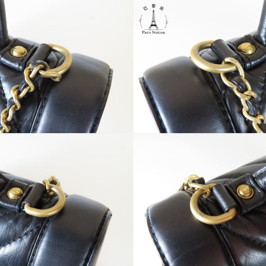 【巴黎站二手名牌專賣店】*現貨*CHANEL 香奈兒 真品*黑色山形紋羊皮金色雙C提把金鏈肩背包-6