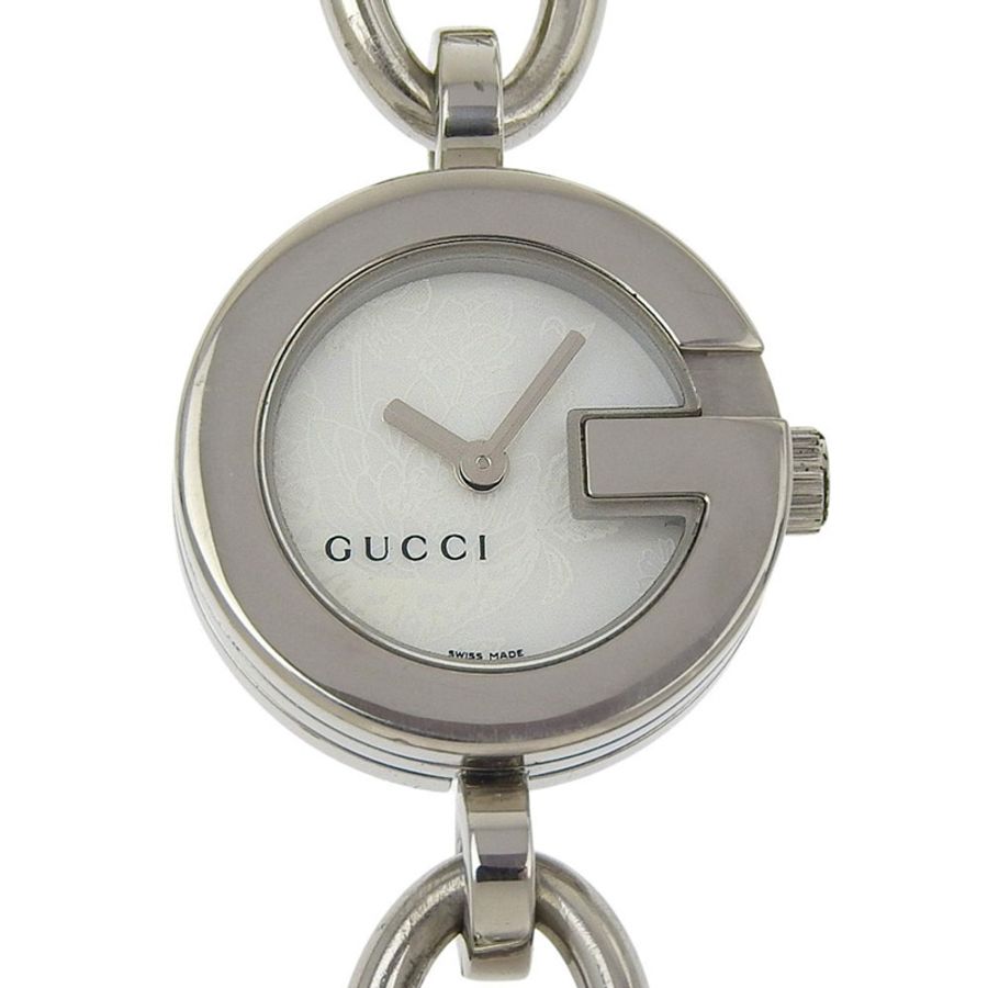 Gucci G 吊墜手鍊腕錶,107 不鏽鋼錶殼,石英機芯,指針式顯示,白色貝殼錶盤,女款-0
