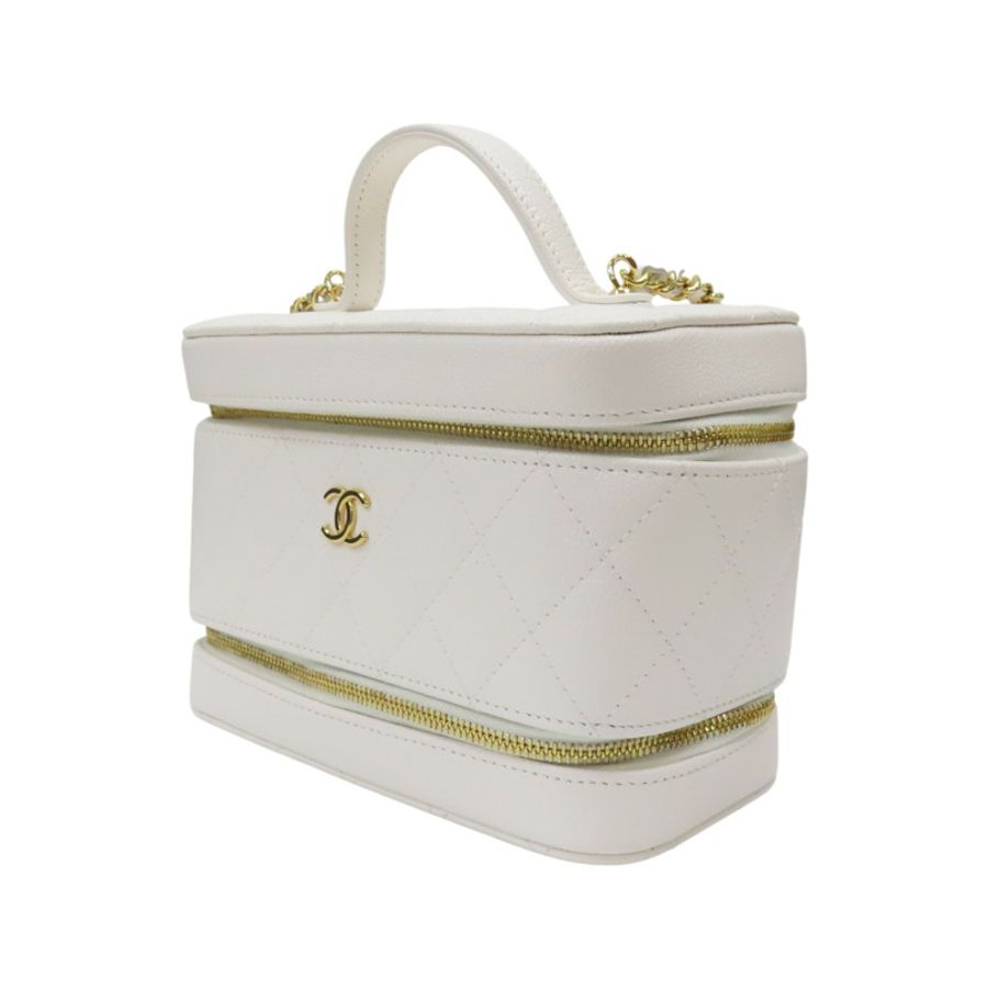 白色菱形格紋荔枝皮革鏈帶Top Handle Vanity Case 化妝箱肩背【CHANEL 香奈兒】 AP4688-2