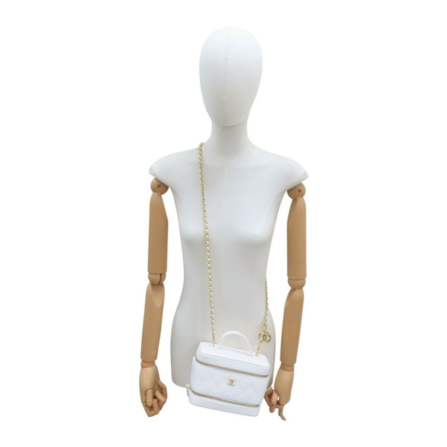 白色菱形格紋荔枝皮革鏈帶Top Handle Vanity Case 化妝箱肩背【CHANEL 香奈兒】 AP4688-14