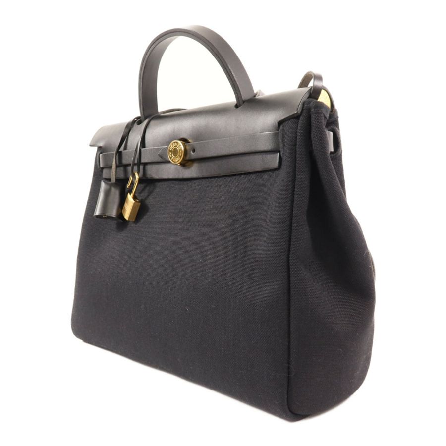 HERMES 帆布/皮革Herbag PM金扣手挽肩背兩用袋Noir-2