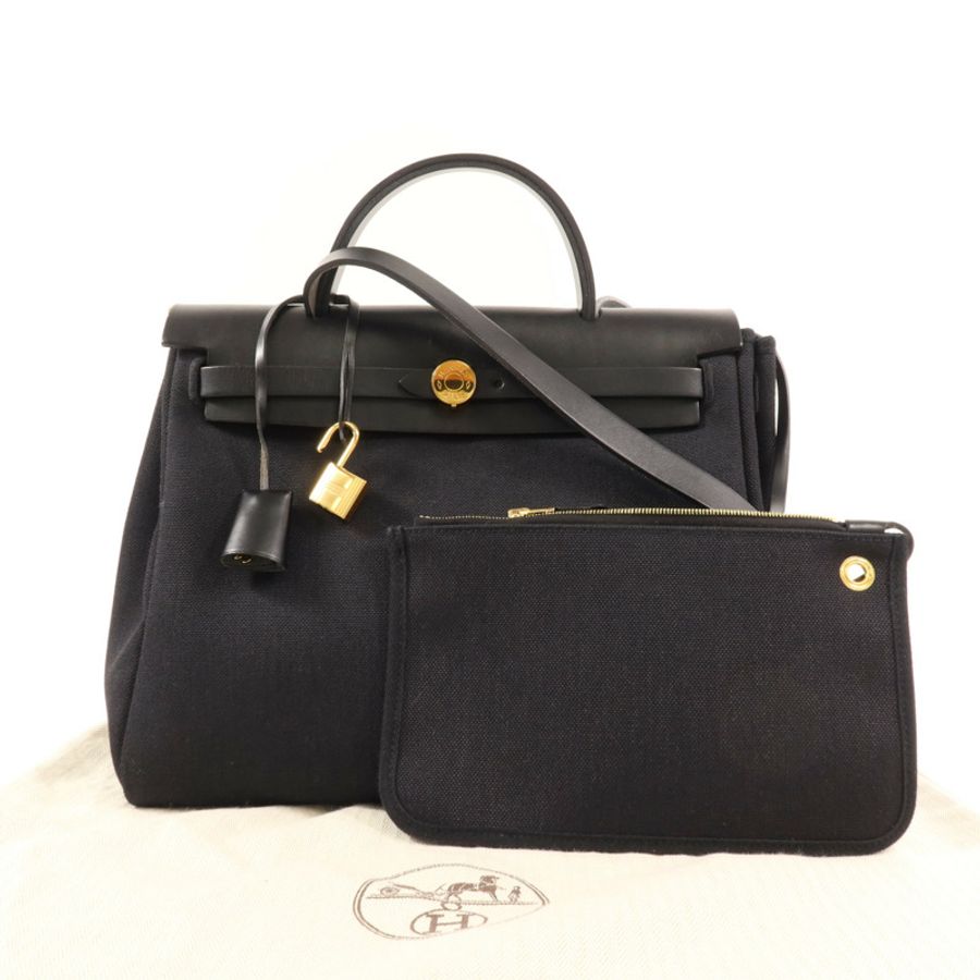 HERMES 帆布/皮革Herbag PM金扣手挽肩背兩用袋Noir-8