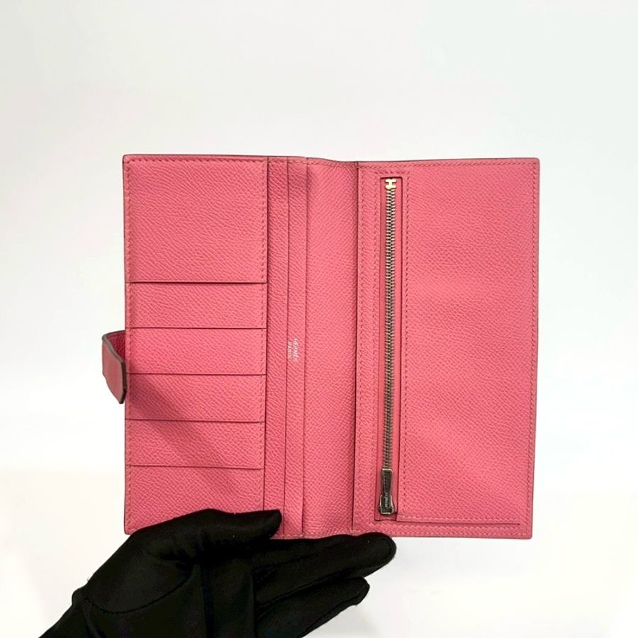 Hermes 8W杜鵑粉色銀釦Bearn Wallet長夾-5