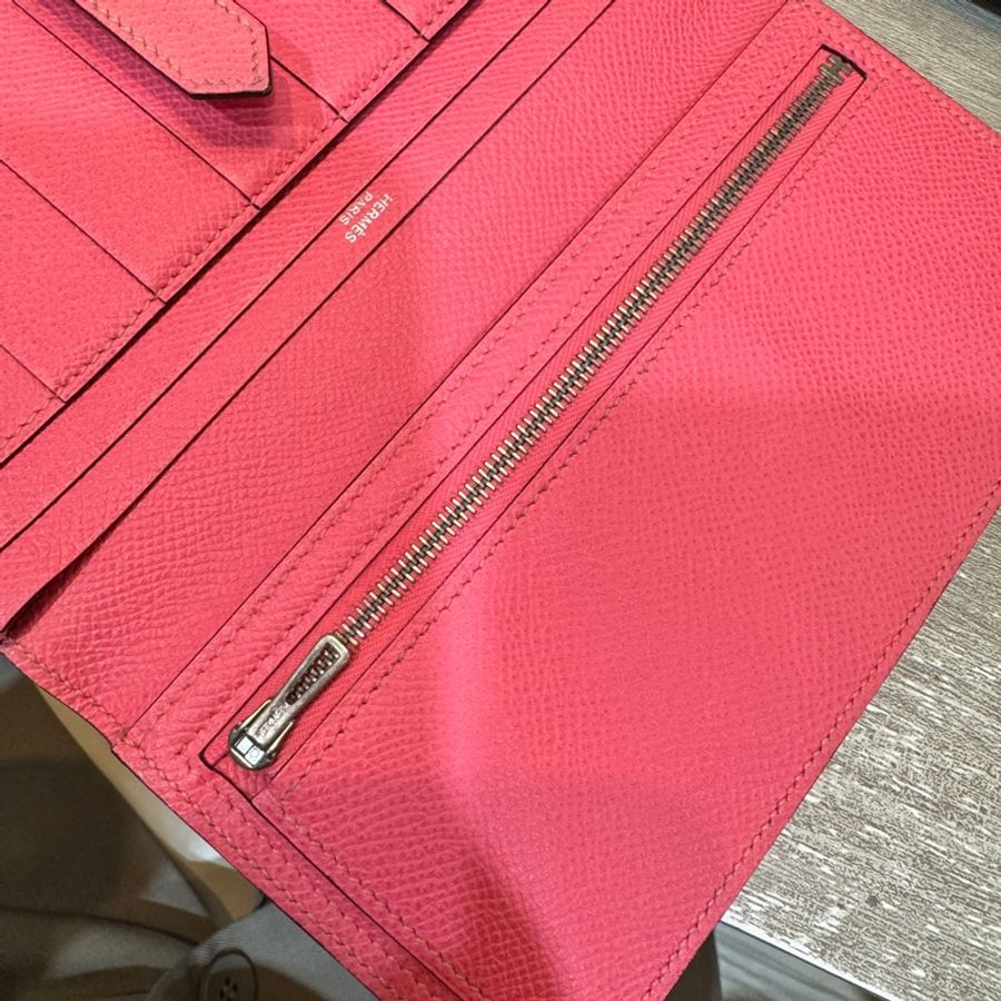 Hermes 8W杜鵑粉色銀釦Bearn Wallet長夾-10