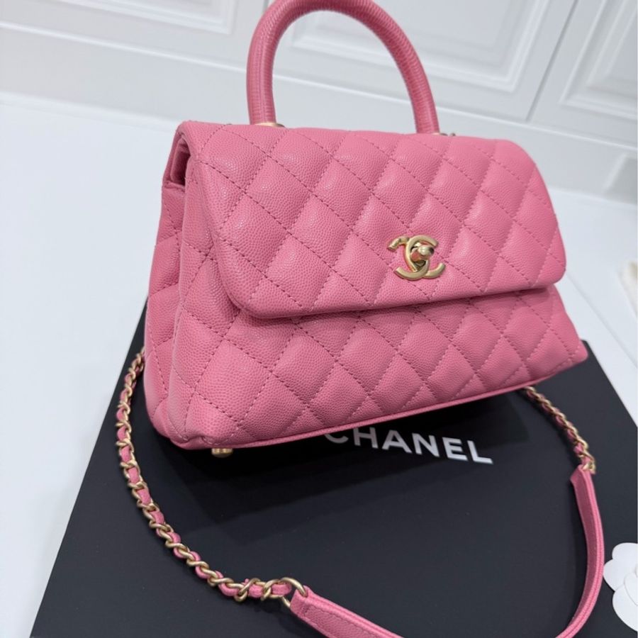 Chanel 香奈兒 coco handle 小號 粉色 荔枝紋牛皮 蜥蜴手柄 手提包 肩背包 斜背包 側背包 鏈條包-1