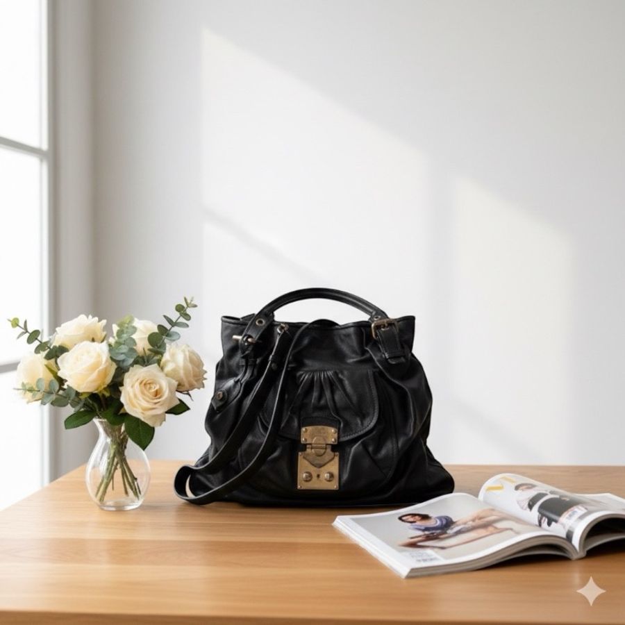 Miu Miu 經典皺褶Coffer包 | 義大利製 |LUX METAL|(黑色皮質/附長背帶/鎖匙/保卡/發票/美品-1