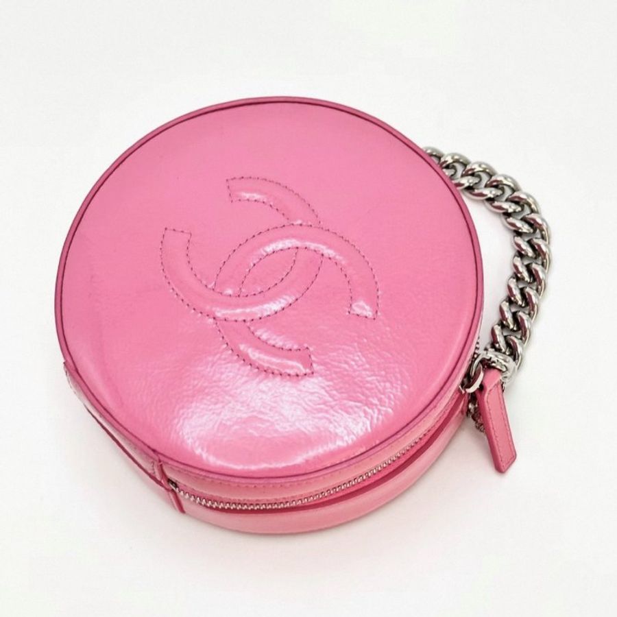 CHANEL 粉色銀扣漆皮限定貓頭鷹圓餅肩背斜背包 15.5*15.5*6.5 98新配件塵袋-1