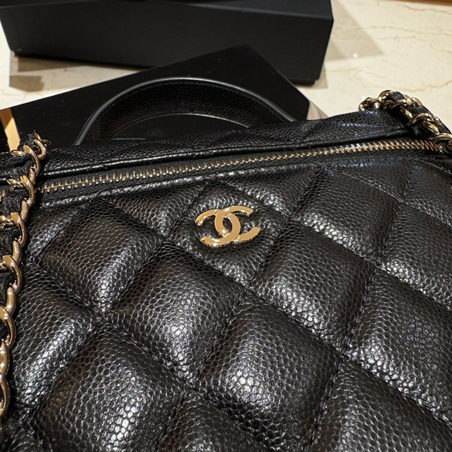 【現貨｜快速出貨】Chanel 25C 19 手把盒子包｜黑色魚子醬牛皮｜經典菱格金鍊斜背包｜-3