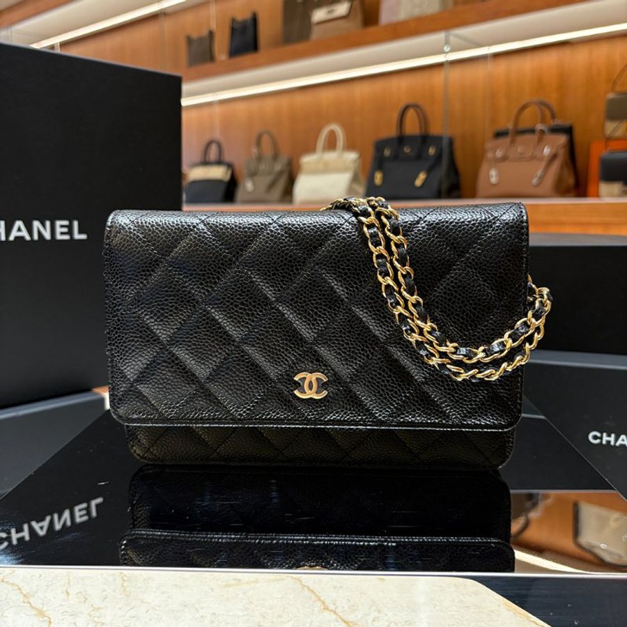 【現貨｜快速出貨】Chanel WOC 黑金 魚子醬皮革｜經典菱格鏈帶斜背包｜小香鏈條錢包｜2024年極新-0