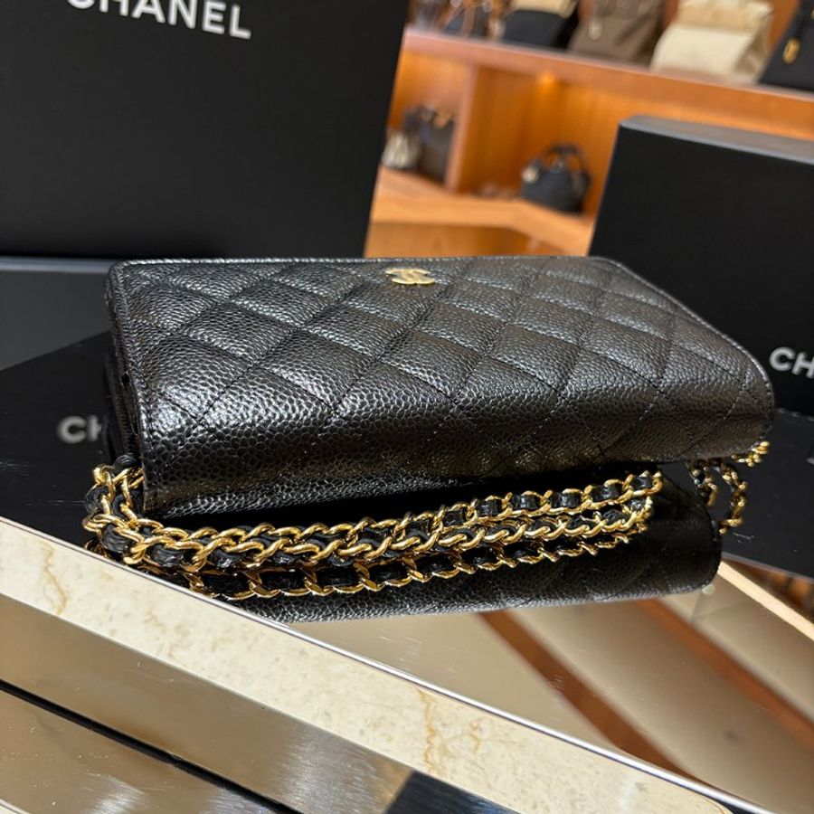 【現貨｜快速出貨】Chanel WOC 黑金 魚子醬皮革｜經典菱格鏈帶斜背包｜小香鏈條錢包｜2024年極新-3