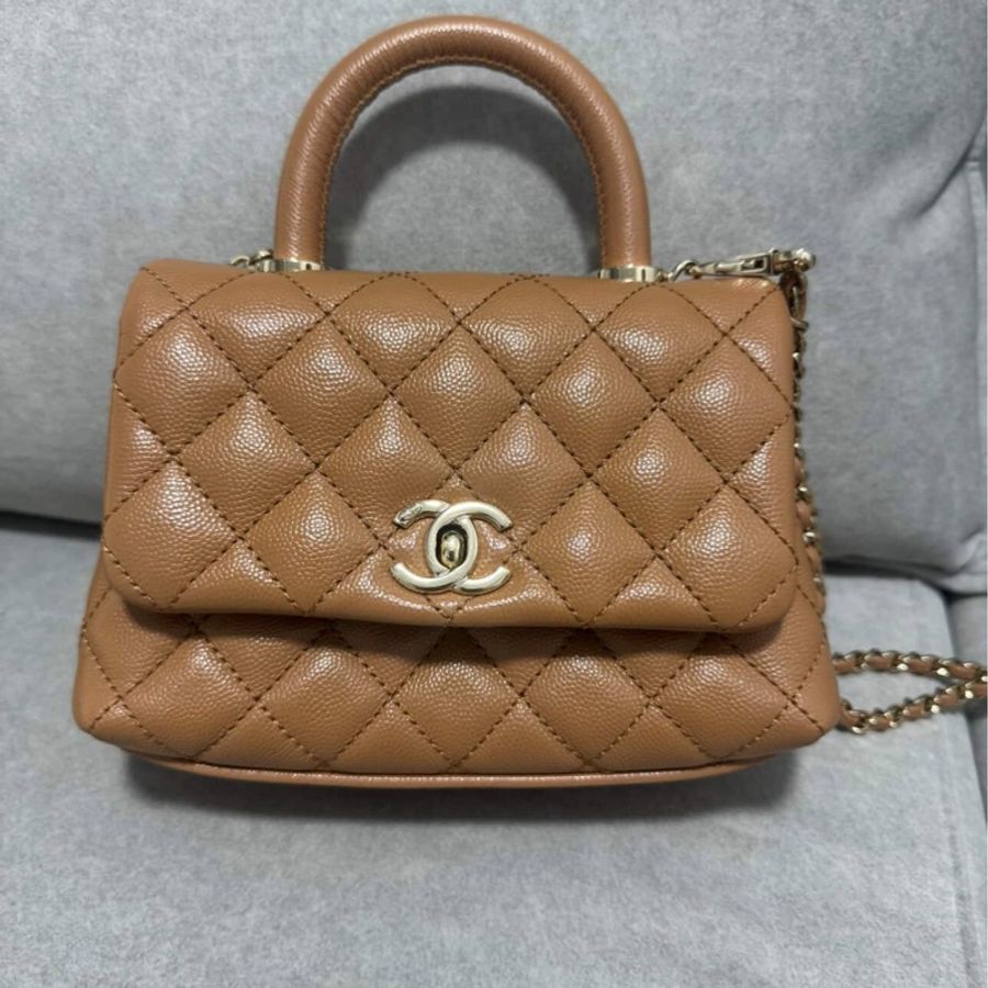 全配(盒袋卡標&購證)香奈兒Chanel COCO handle mini焦糖色荔枝皮淡金扣-6