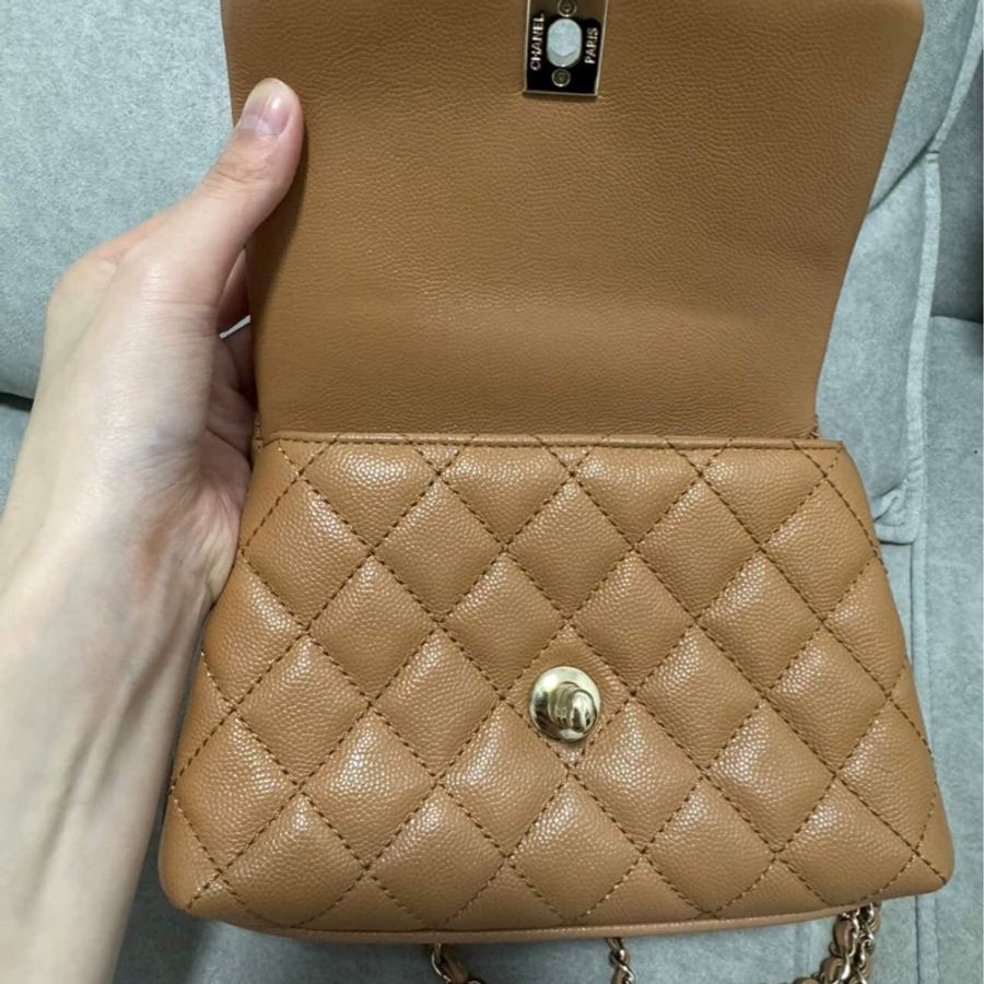 全配(盒袋卡標&購證)香奈兒Chanel COCO handle mini焦糖色荔枝皮淡金扣-7