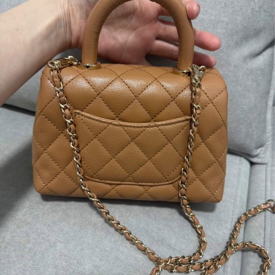 全配(盒袋卡標&購證)香奈兒Chanel COCO handle mini焦糖色荔枝皮淡金扣-8