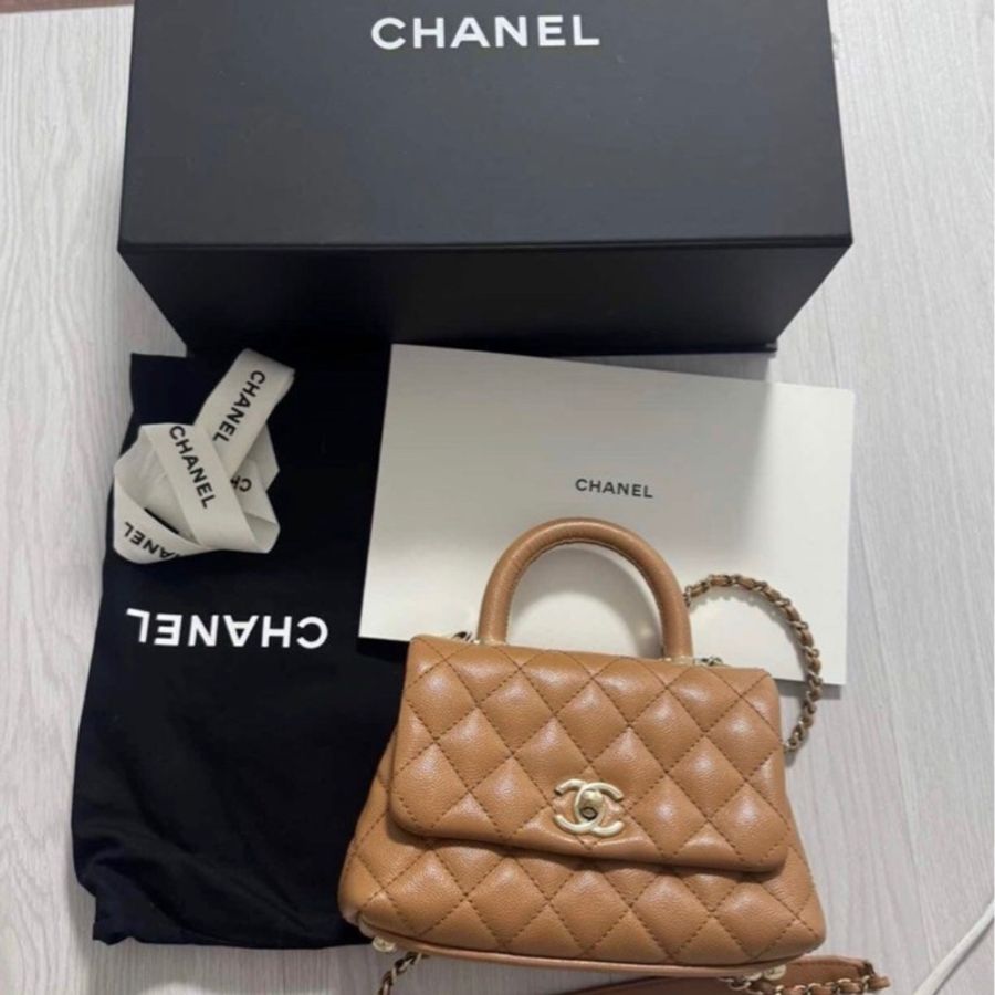 全配(盒袋卡標&購證)香奈兒Chanel COCO handle mini焦糖色荔枝皮淡金扣-0