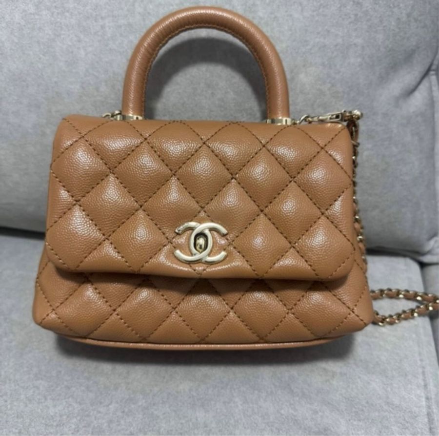 全配(盒袋卡標&購證)香奈兒Chanel COCO handle mini焦糖色荔枝皮淡金扣-1