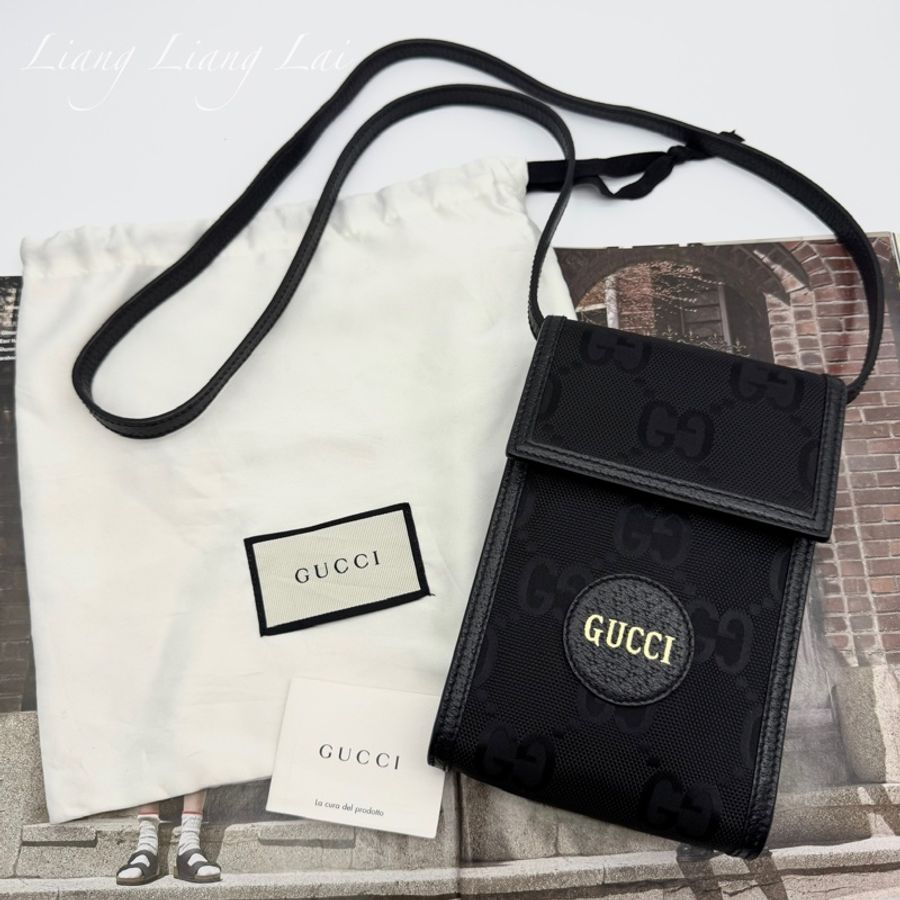 GUCCI 古馳 GG 黑色緹花布皮邊手機包|斜背包-24