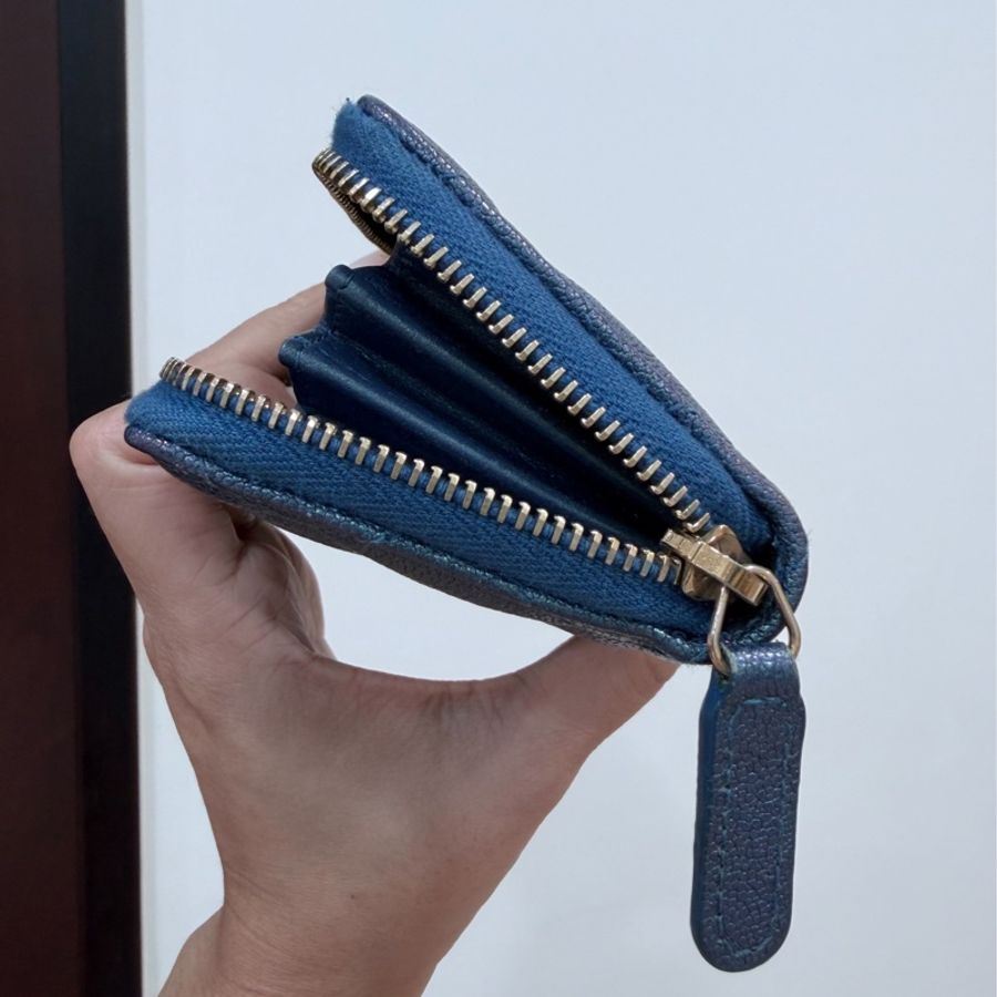 chanel 香奈兒 珠光藍 金釦 荔枝皮 魚子醬 卡夾 卡包 零錢包 錢包 皮夾 短夾 ㄇ字拉 ㄇ拉-9