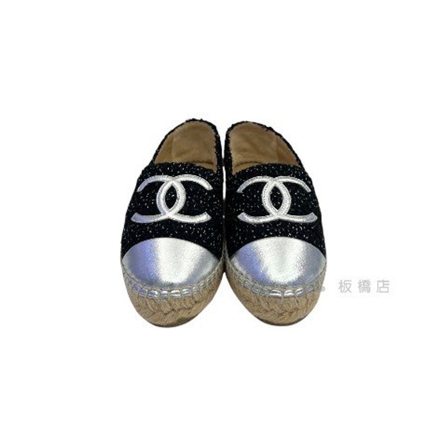 Chanel黑毛呢銀牛皮草編漁夫鞋-1
