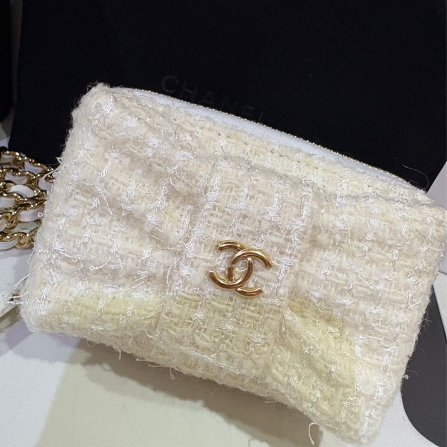 香奈兒 -全新-金鍊卡夾珍珠羊毛tweed clutch with Chain CD0122 --1