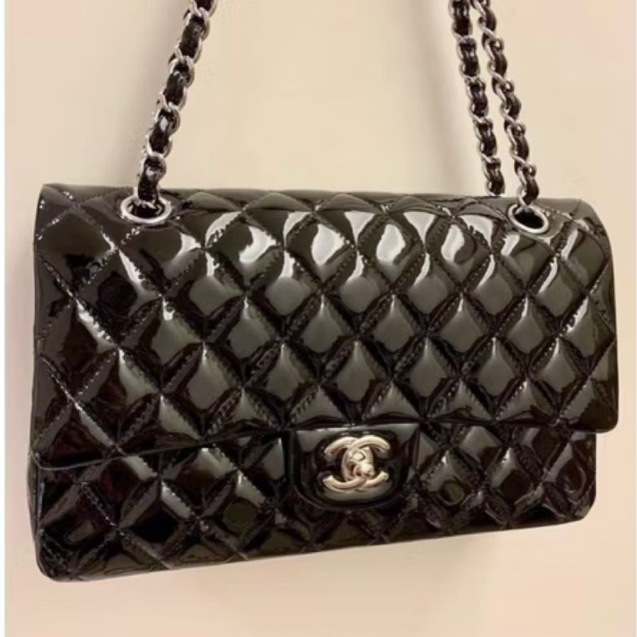 CHANEL 經典款 cOco25 漆皮 銀鍊 菱格紋 手提 肩背包-7