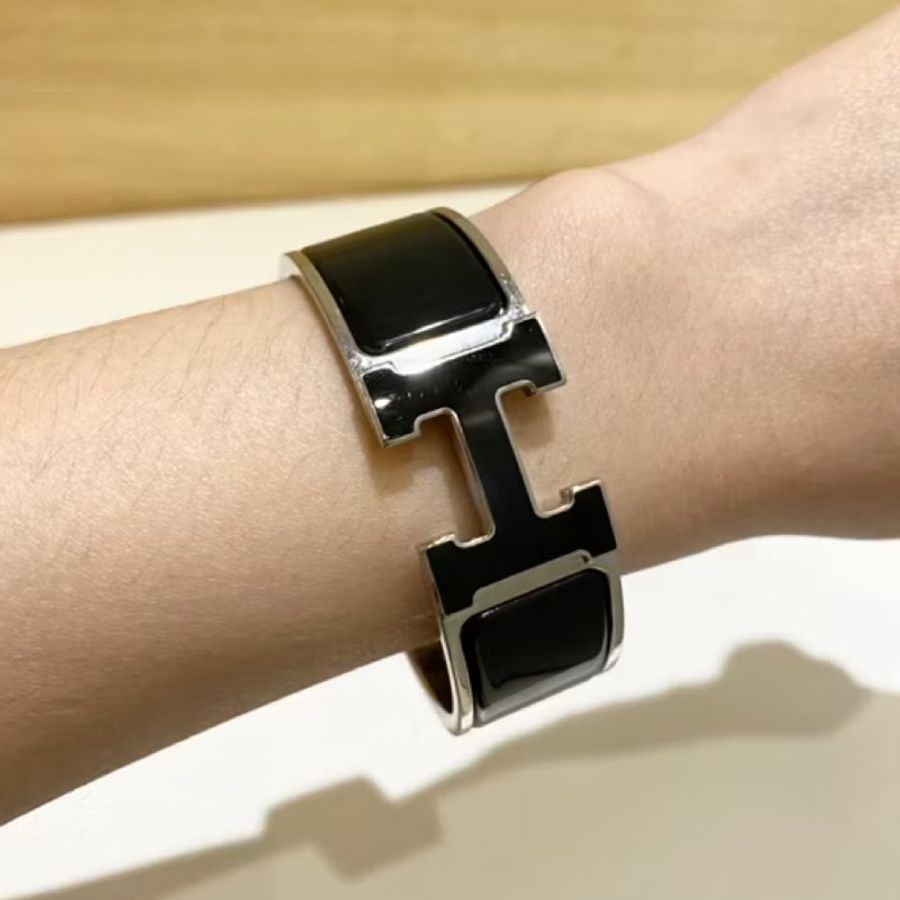 Hermes中型HLogo黑銀琺瑯手環 手鐲-7