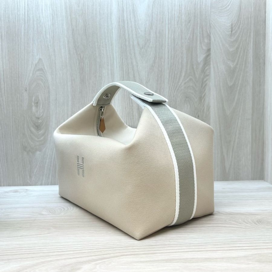 HERMES米白拚灰帆布Bride-a-Brac Case化妝包-2