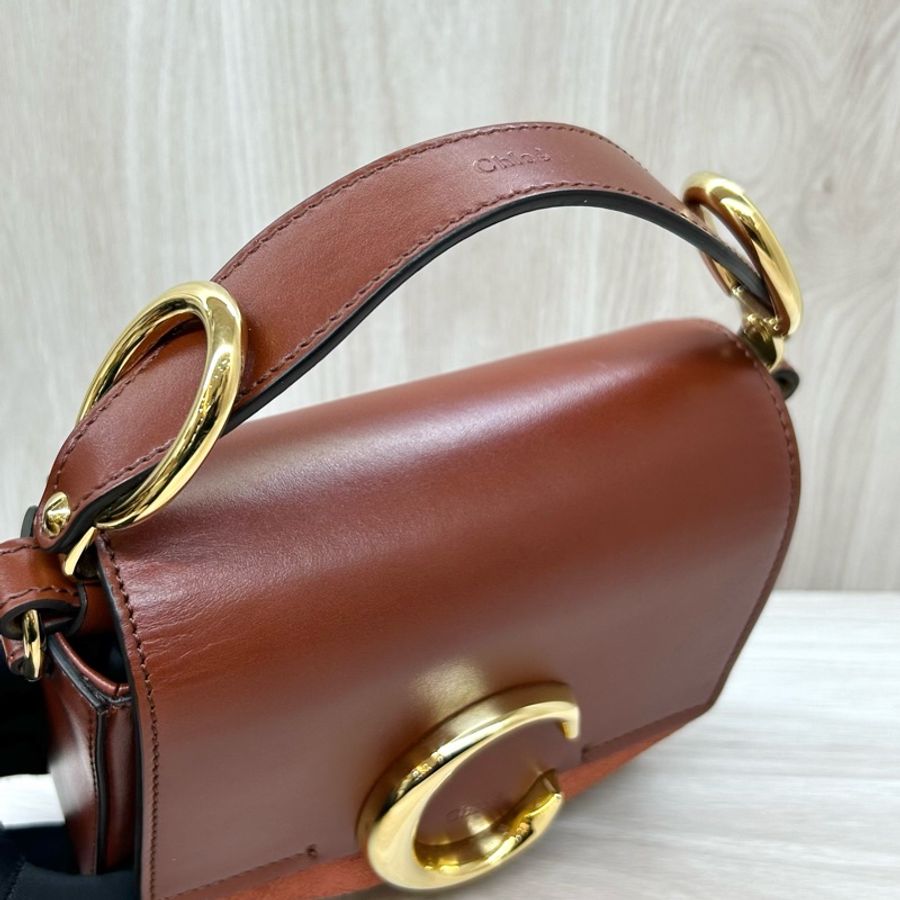 Chloe磚紅棕牛皮麂皮mini C Bag/CHC19US193A3727S-17