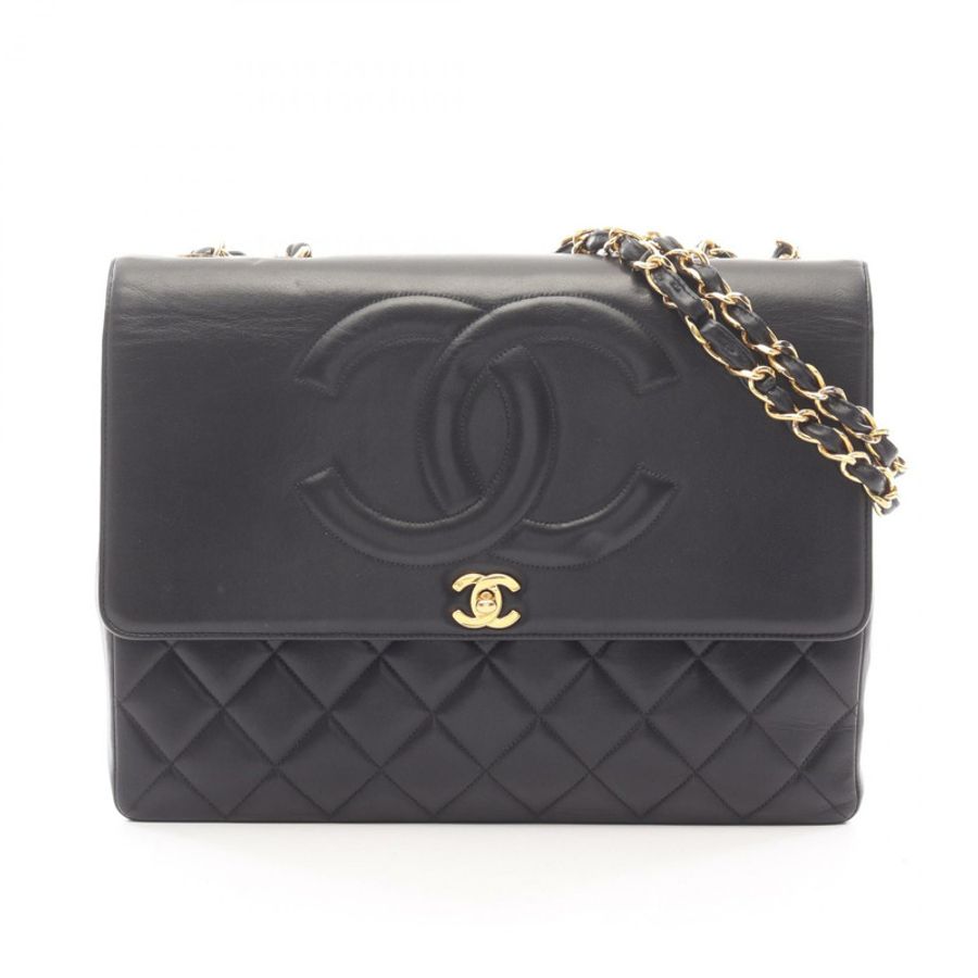 香奈兒 (CHANEL) Matelasse Jumbo COCO Mark 鏈條肩背包，羊皮材質，黑色，二手，金色五金 CC-0