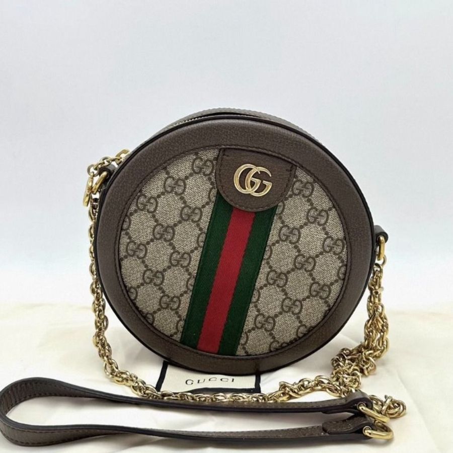 GUCCI 老花金扣Ophidia系列圓餅肩背斜背包18*18*4.5 9新配件塵袋-0