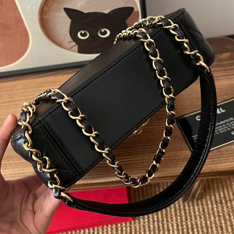 【近新閒置品】Chanel香奈兒黑金油蠟皮拼皮季節鏈條包28開手提單肩包斜挎包-2