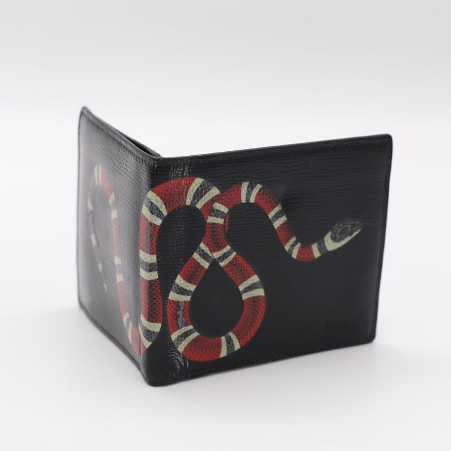 Gucci 古馳 珊瑚蛇 黑色 皮革 帆布 雙折 短夾錢包-2