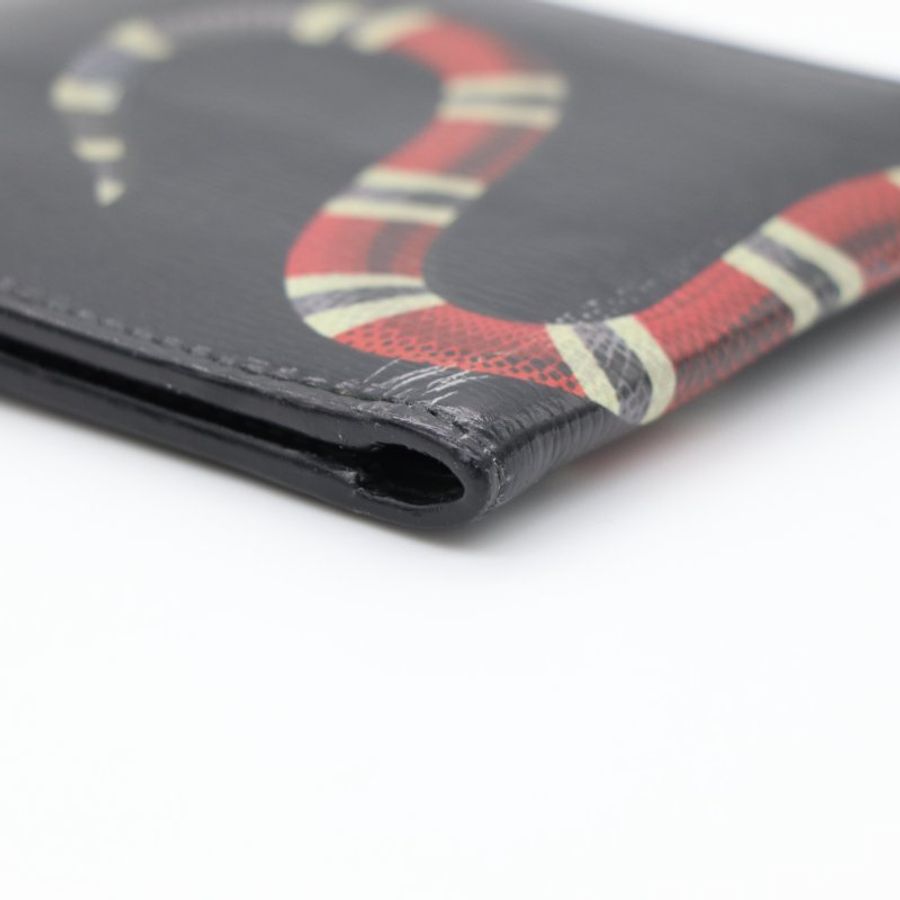 Gucci 古馳 珊瑚蛇 黑色 皮革 帆布 雙折 短夾錢包-10
