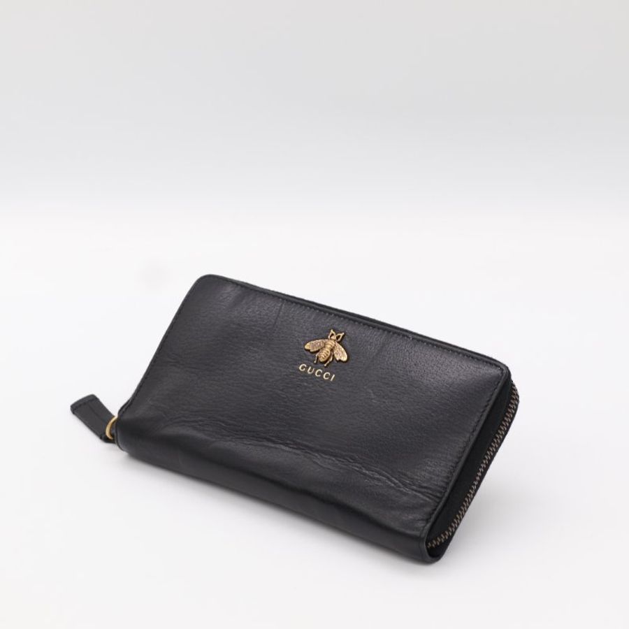 Gucci 古馳 Animalier 蜜蜂 黑色 皮革 拉鍊長夾-1