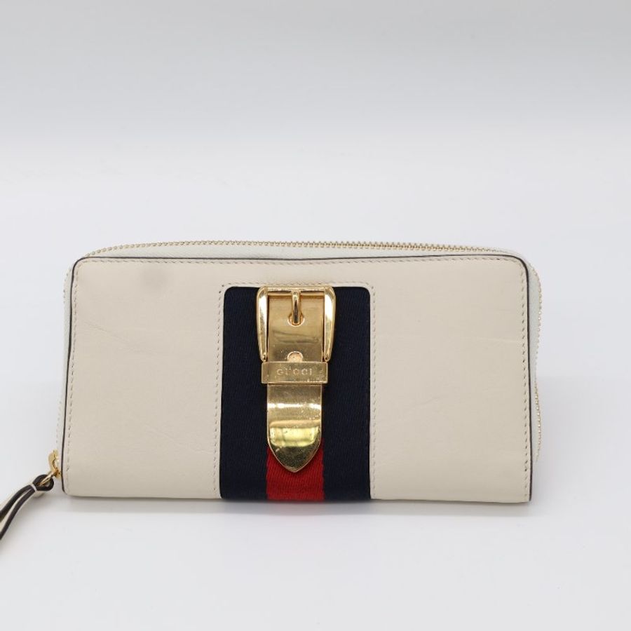 Gucci 古馳 Sylvie 白色 皮革 圓形拉鍊 長夾-1