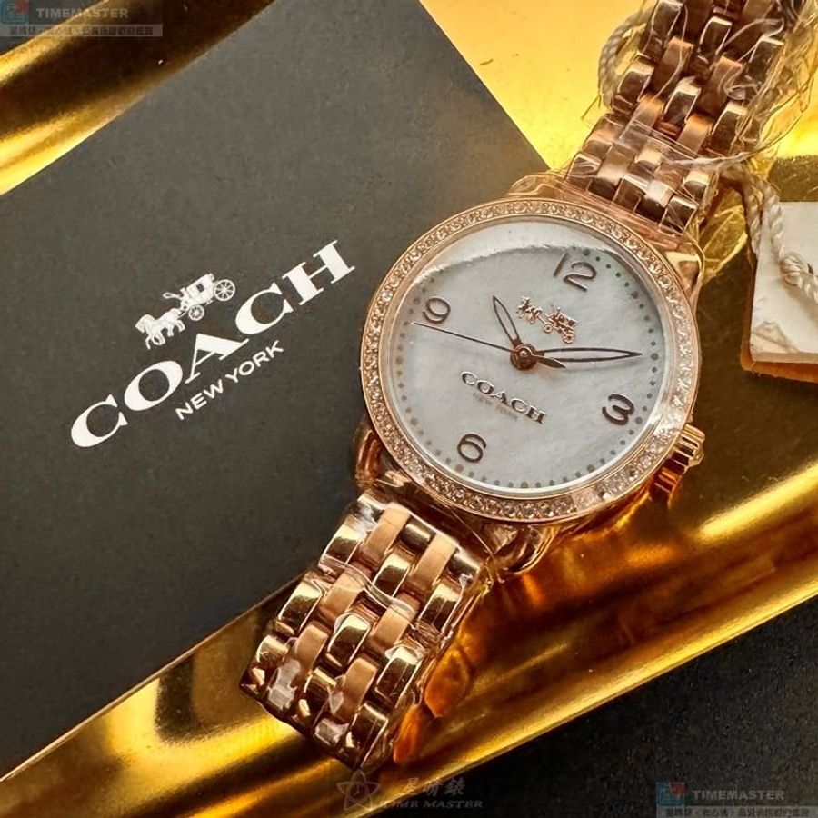 COACH手錶,編號CH00255,28mm玫瑰金精鋼錶殼,貝母簡約, 中三針顯示, 貝母錶面,玫瑰金色精鋼錶帶款-12