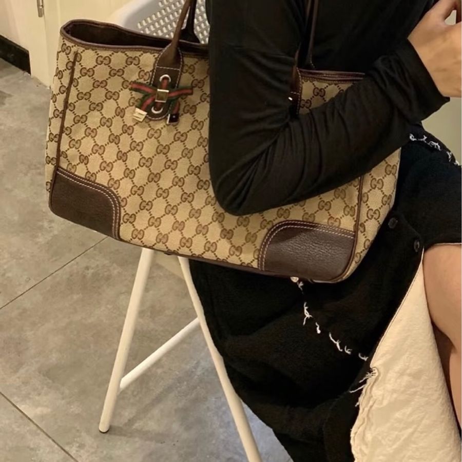 🥨超優惠GUCCI Princey Tote緹花布拚綠紅綠蝴蝶結托特包163805-2