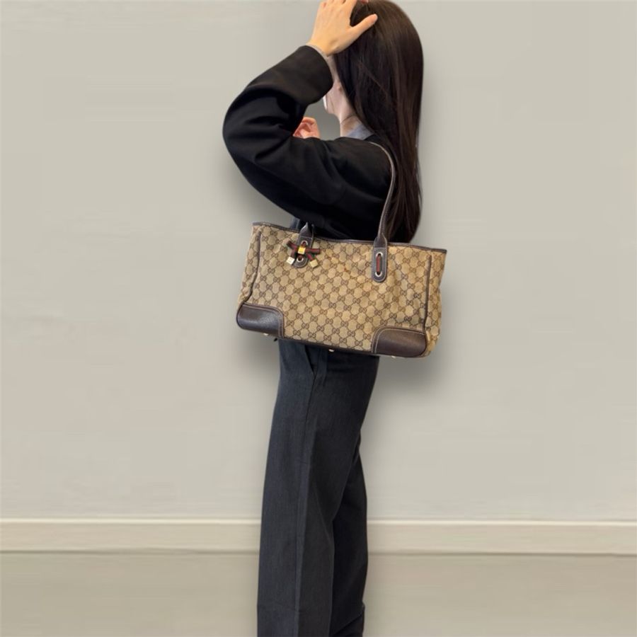 🥨超優惠GUCCI Princey Tote緹花布拚綠紅綠蝴蝶結托特包163805-5