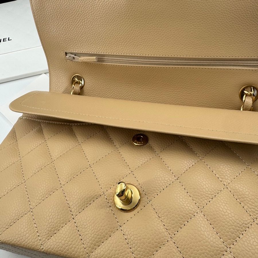 Chanel (21) Beige Clair Caviar Quilted Classic Double Flap Medium Gold Hardware-12