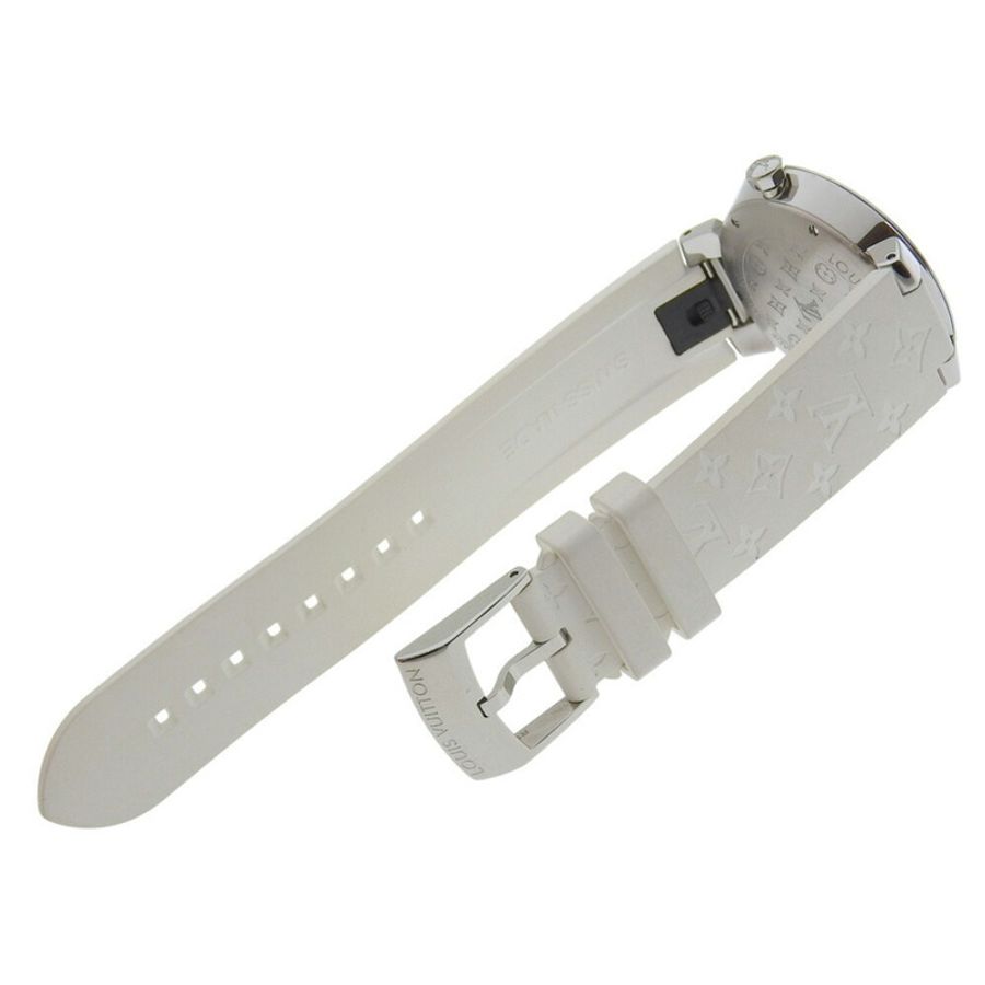 近乎全新路易威登 Tambour MM Q13MJ 白色錶盤腕錶，鑲嵌 8 顆鑽石，不鏽鋼和橡膠錶殼，石英機芯，33 毫米-2