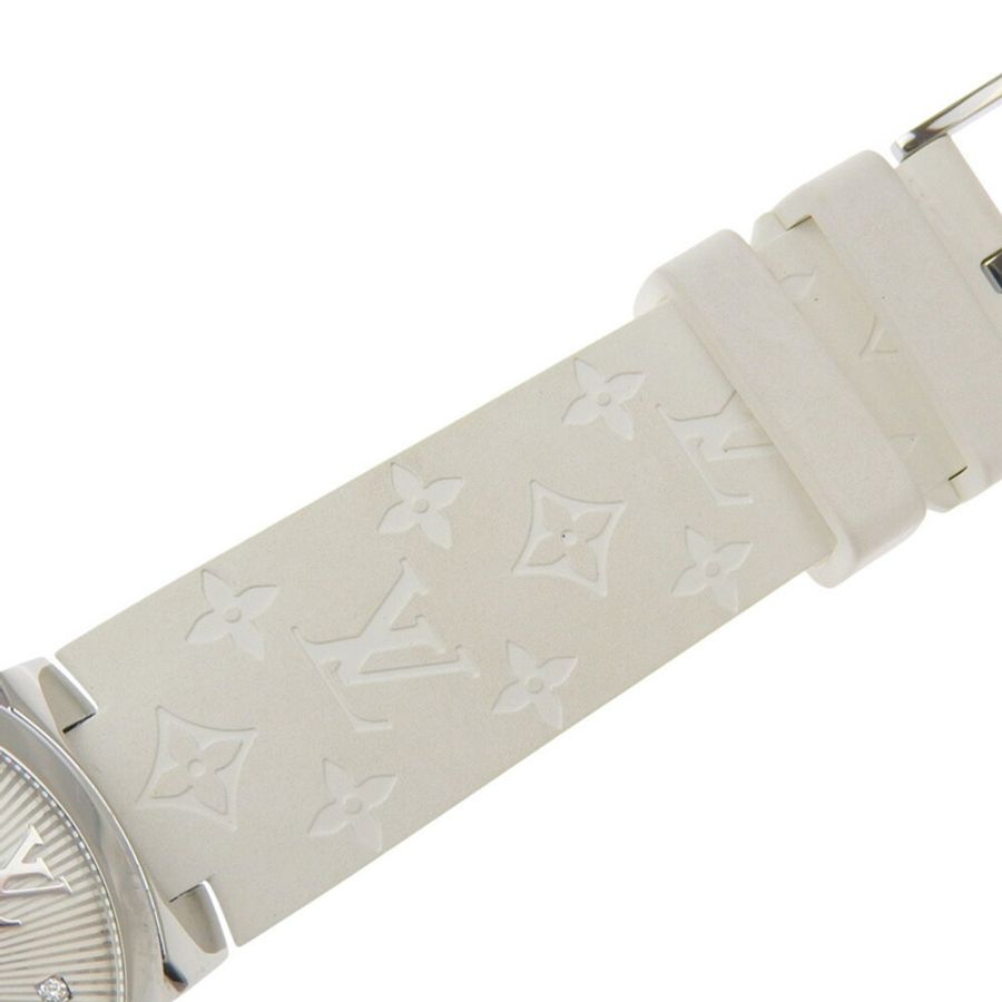 近乎全新路易威登 Tambour MM Q13MJ 白色錶盤腕錶，鑲嵌 8 顆鑽石，不鏽鋼和橡膠錶殼，石英機芯，33 毫米-6