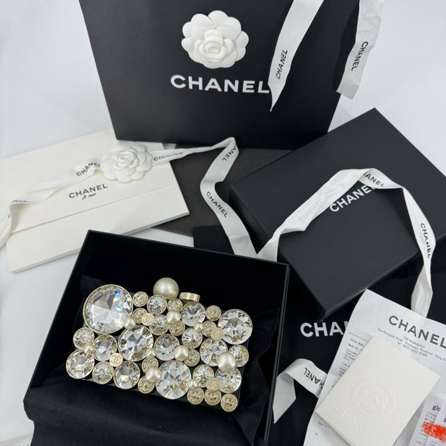 Chanel 2025/26 Plexi, Strass, Imitation Pearls & Gold-Tone Metal Black, Rhinestone & Golden Evening Bag-15