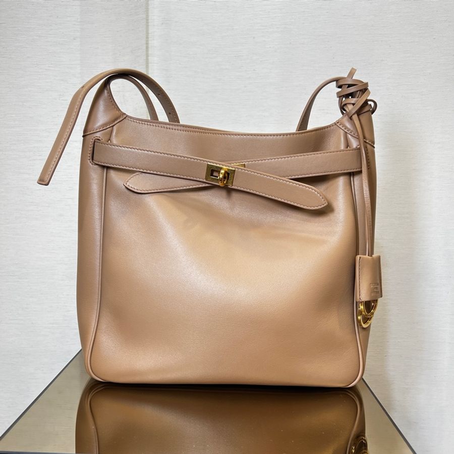 Balenciaga 奶茶牛皮霧金釦直立交叉斜背包-0