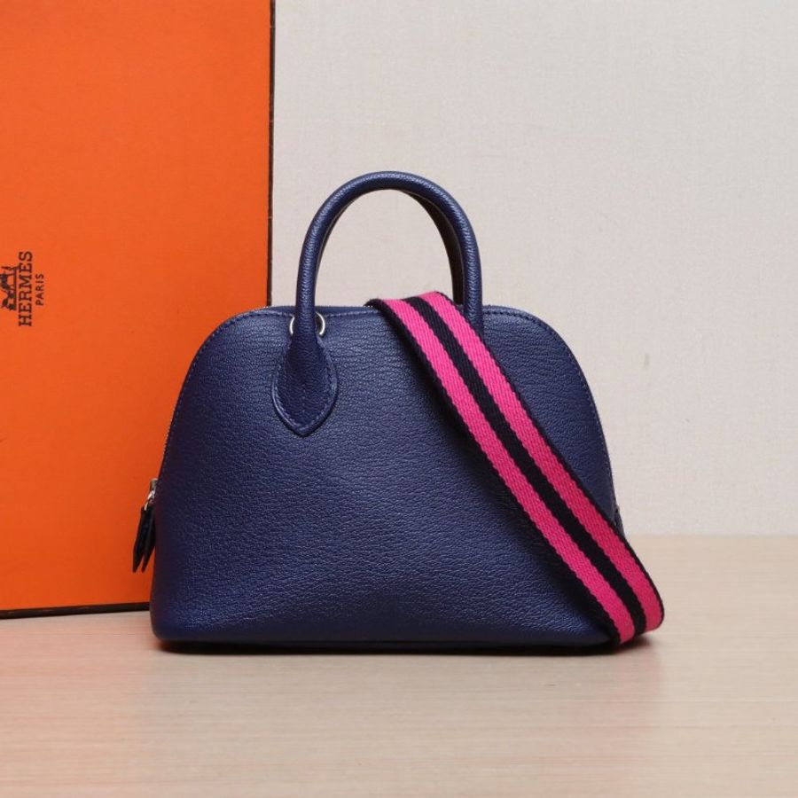HERMES Bolide保齡球Mini197U海軍藍Chevre山羊皮B刻銀扣肩背包-0