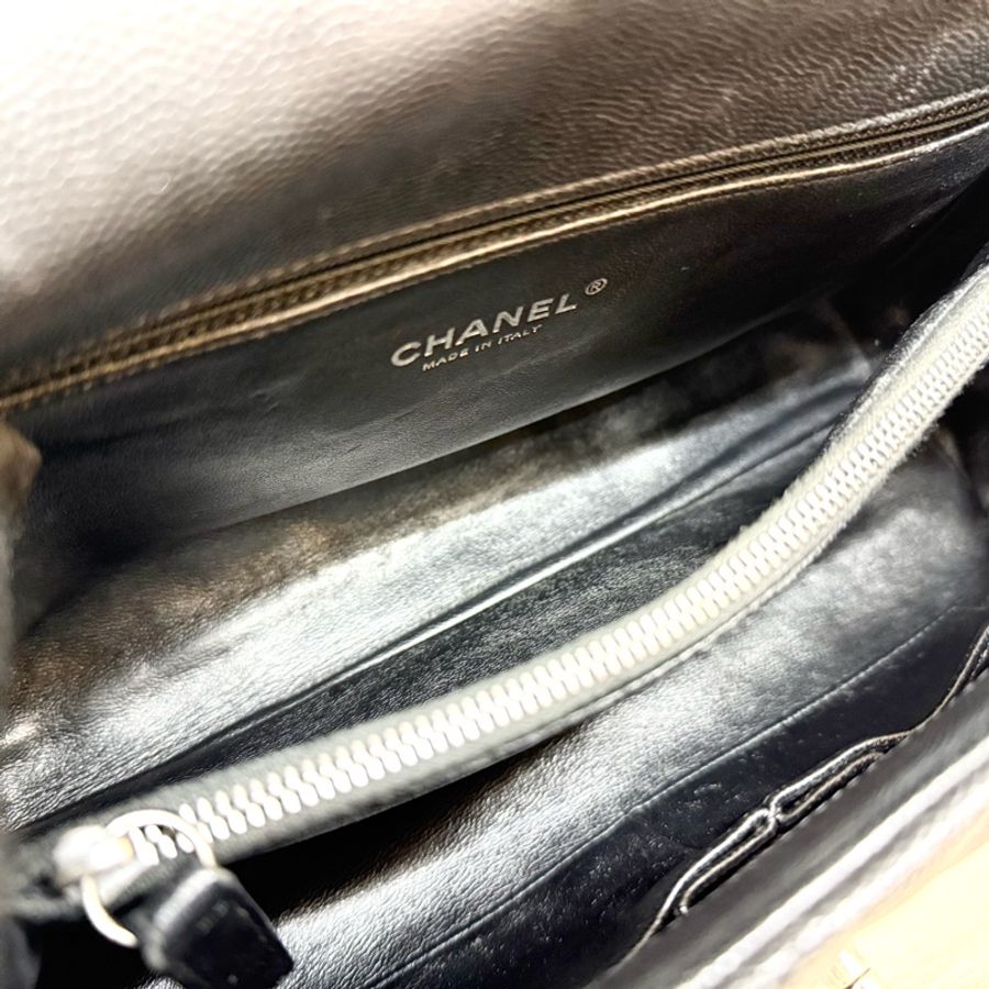 CHANEL黑荔枝銀釦拚蜥蜴皮手把coco handle28-11
