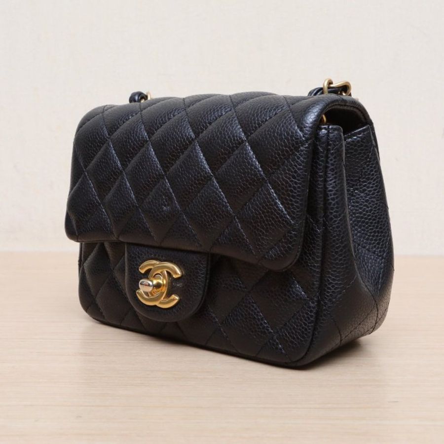 CHANEL CF口蓋包方胖子17黑色荔枝牛皮21開金扣肩背包-2