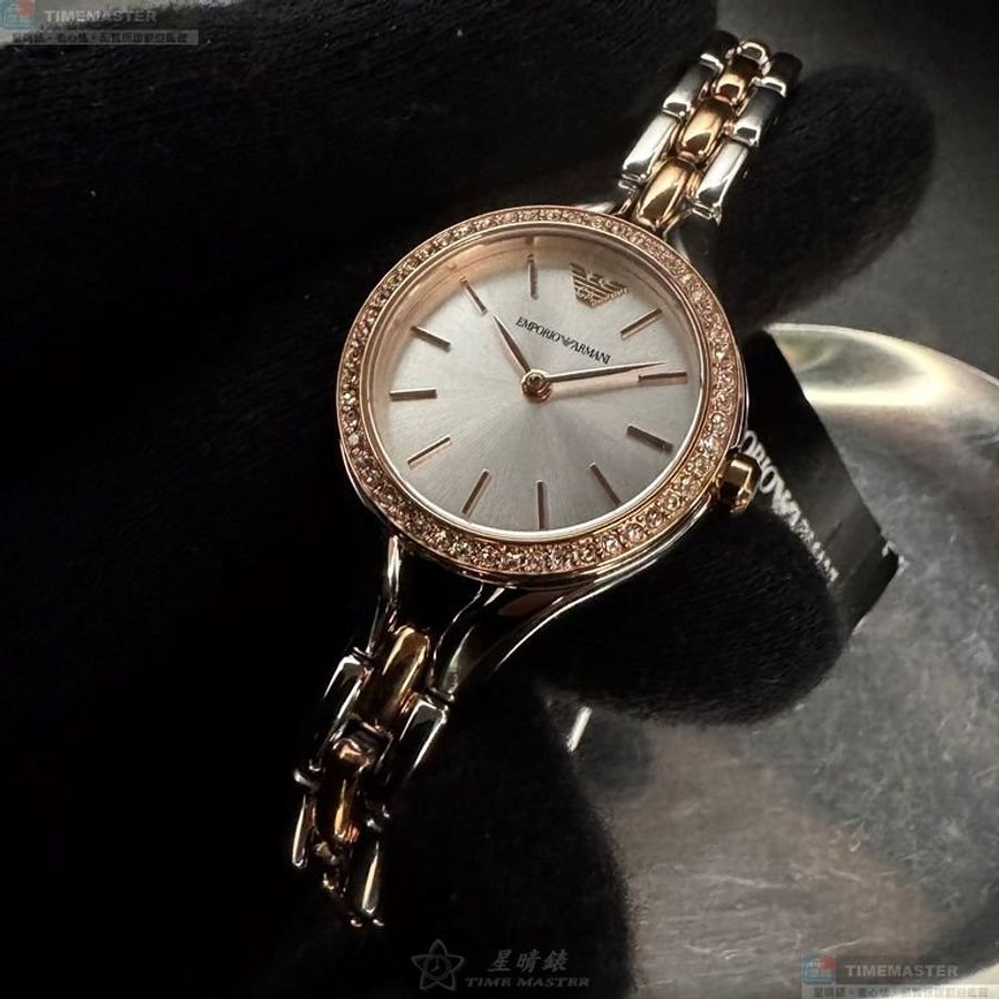 ARMANI手錶,編號AR00084,28mm玫瑰金圓形精鋼錶殼,銀白色簡約, 中二針顯示錶面,金銀相間精鋼錶帶款-0