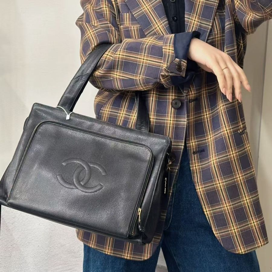 Chanel 香奈兒黑金荔枝紋單肩托特Tote-1