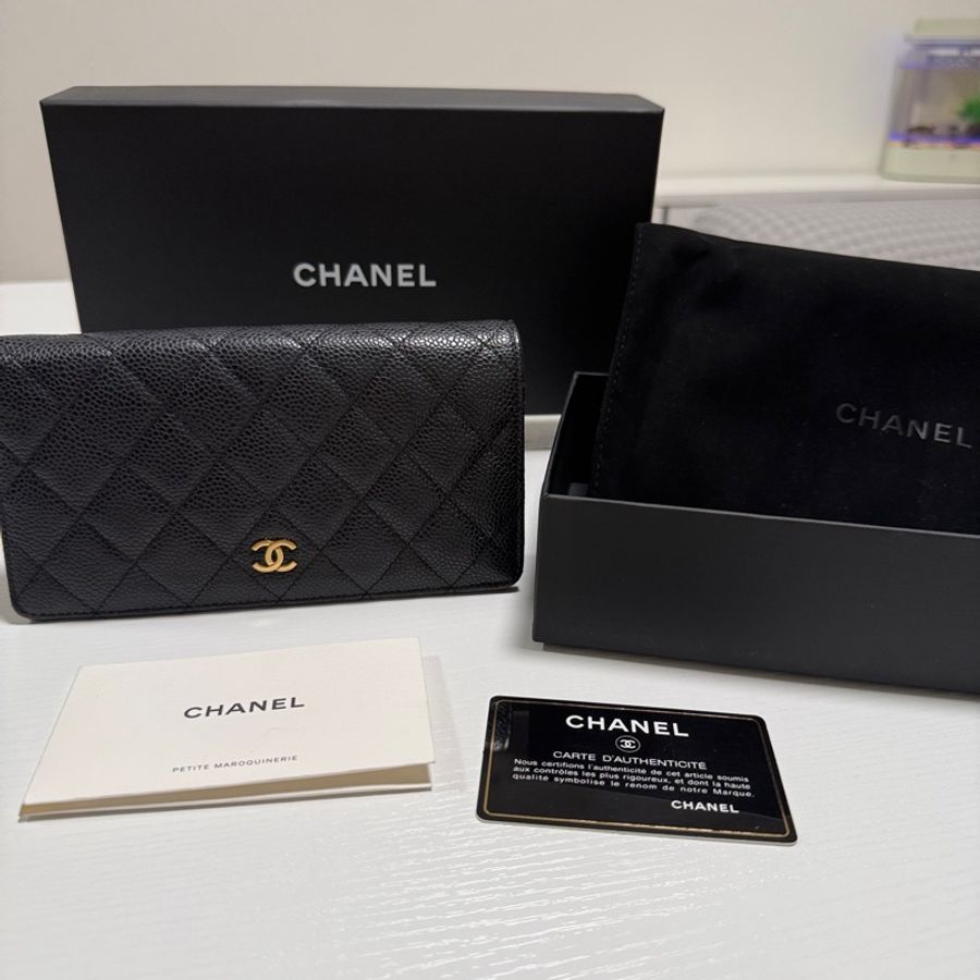 CHANEL 黑金荔枝對折長夾-0