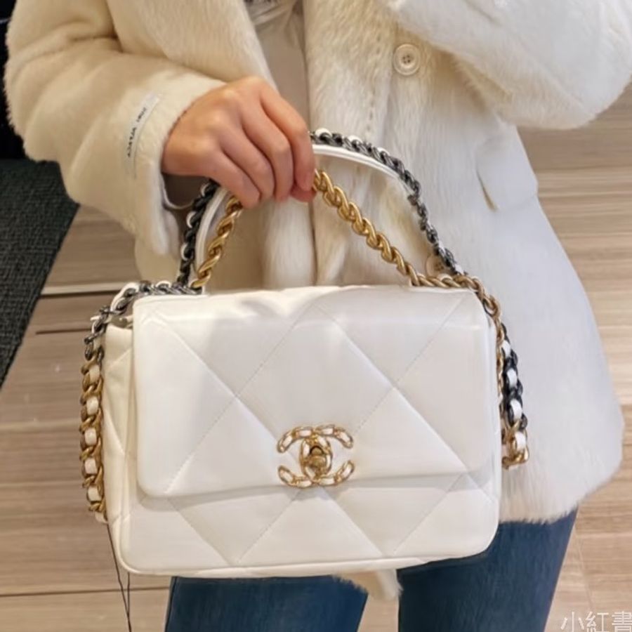 絕美千金風👑99新🆕Chanel白金格紋小號19bag 手提單肩斜挎包-1